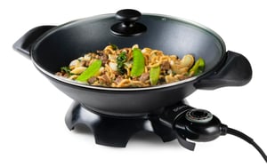 DOMO električni wok 5 litara, sa staklenim poklopcem, neprianjajući premaz, 2200 W – udubljen poklopac, oljuštena boja (stanje: vidi 2. sliku)