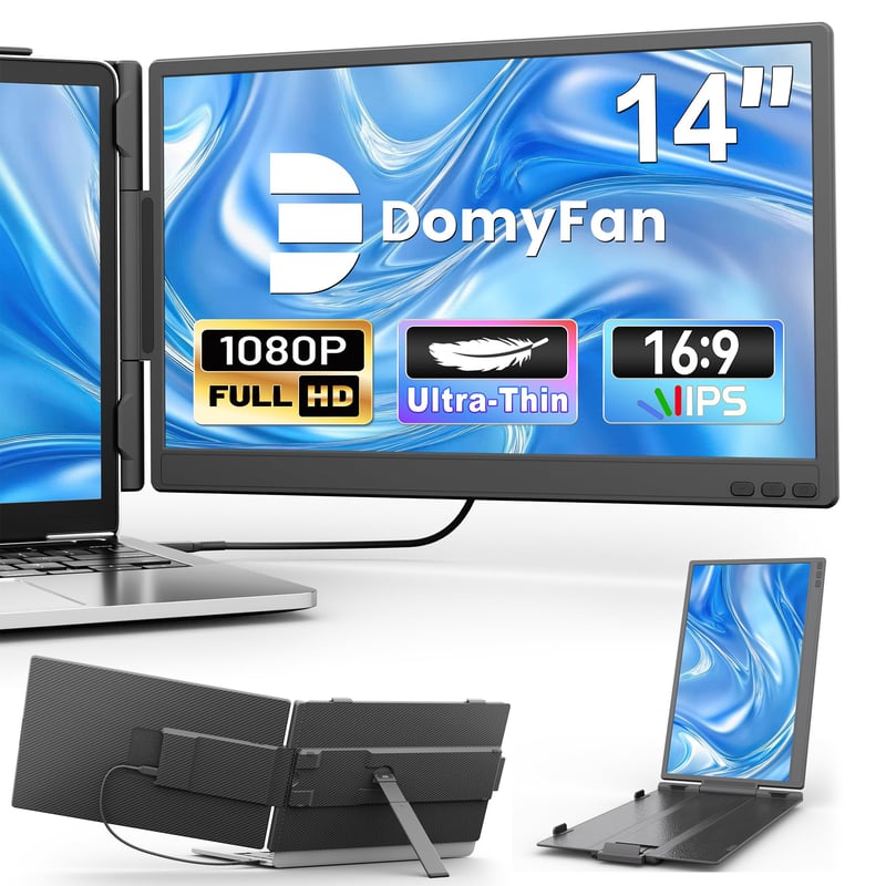 Monitor portabil DomyFan de 14 inchi pentru laptop, ecran dual FHD 1080P IPS pentru laptopuri de 13-17 inchi, Plug and Play, HDMI/USB-A/Type-C, compatibil cu Windows și Mac