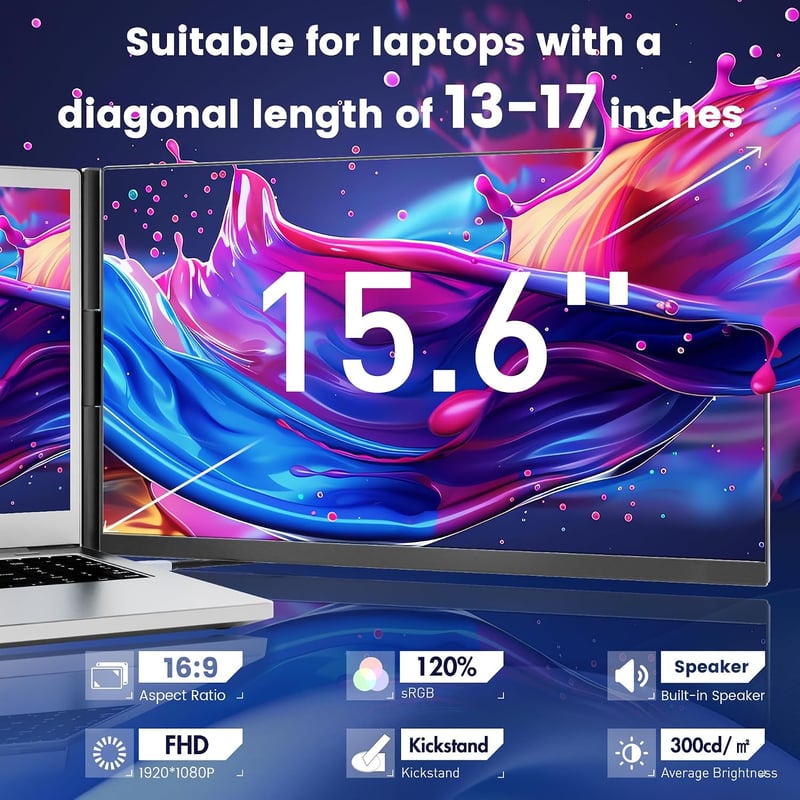 domyfan 15.6" hordozható laptop monitor HDMI/USB-C, 1080p IPS kijelző