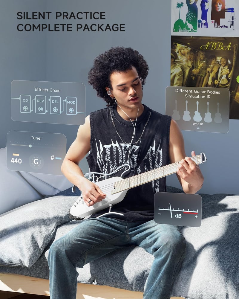 Donner HUSH I PRO Elektroakusztikus Utazó Gitár Mahagóni Testtel, Többféle Effekt Móddal, Fejhallgatóval és Tartozékokkal - Metallic Fehér