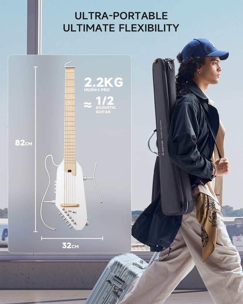 Donner HUSH I PRO Elektroakusztikus Utazó Gitár Mahagóni Testtel, Többféle Effekt Móddal, Fejhallgatóval és Tartozékokkal - Metallic Fehér