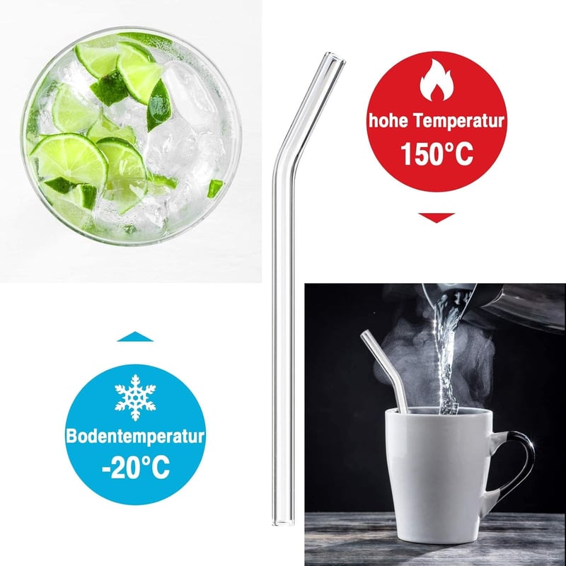 DONQL 10 db üveg ivószál szett 2 tisztítókefével, 20 cm, görbült, újrahasználható