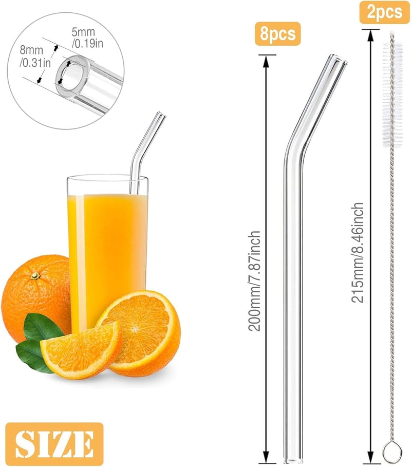 DONQL 10 db üveg ivószál szett 2 tisztítókefével, 20 cm, görbült, újrahasználható