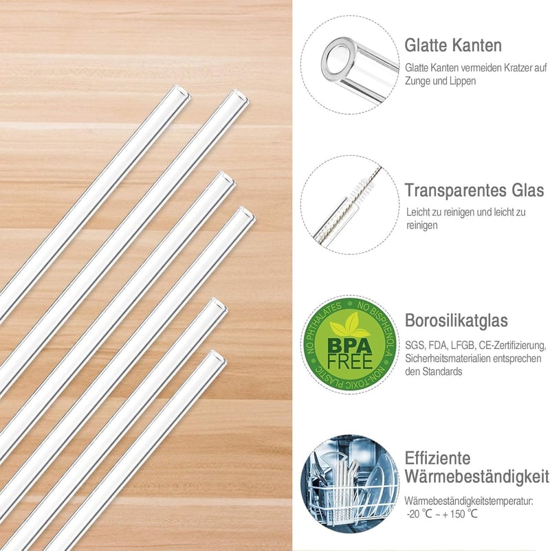 DONQL 10 db üveg ivószál szett 2 tisztítókefével 20 cm - Unit size, Straight