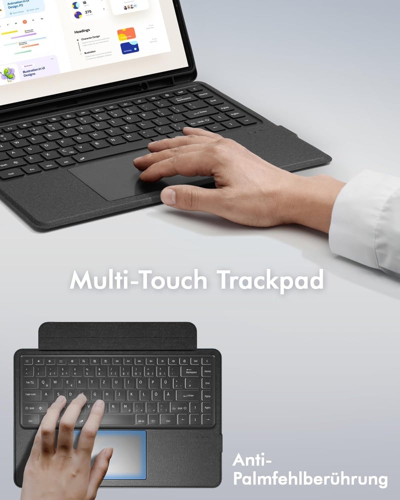 Doohoeek Billentyűzetes Tok Samsung Galaxy Tab S10/S9/S8 Ultra 14,6" Tablethez - QWERTZ Német Kiosztás, Háttérvilágítás, Trackpad, Fekete