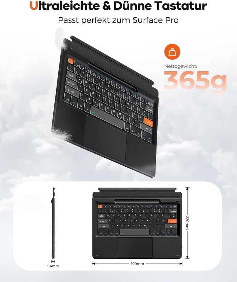 Doohoeek Bluetooth Billentyűzet Microsoft Surface Pro 11/10/9/8/X Modellekhez - Vezeték Nélküli, Háttérvilágítású QWERTZ Billentyűzet Trackp