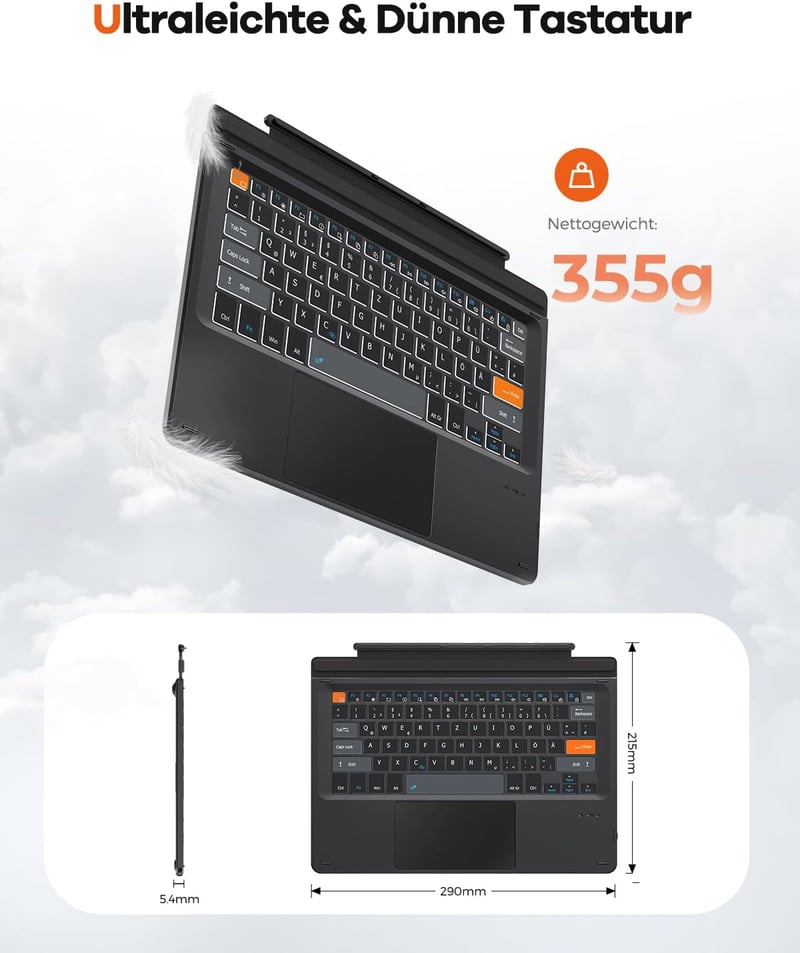 Doohoeek Bluetooth Billentyűzet Surface Pro 7+/7/6/5/4/3 QWERTZ Trackpad