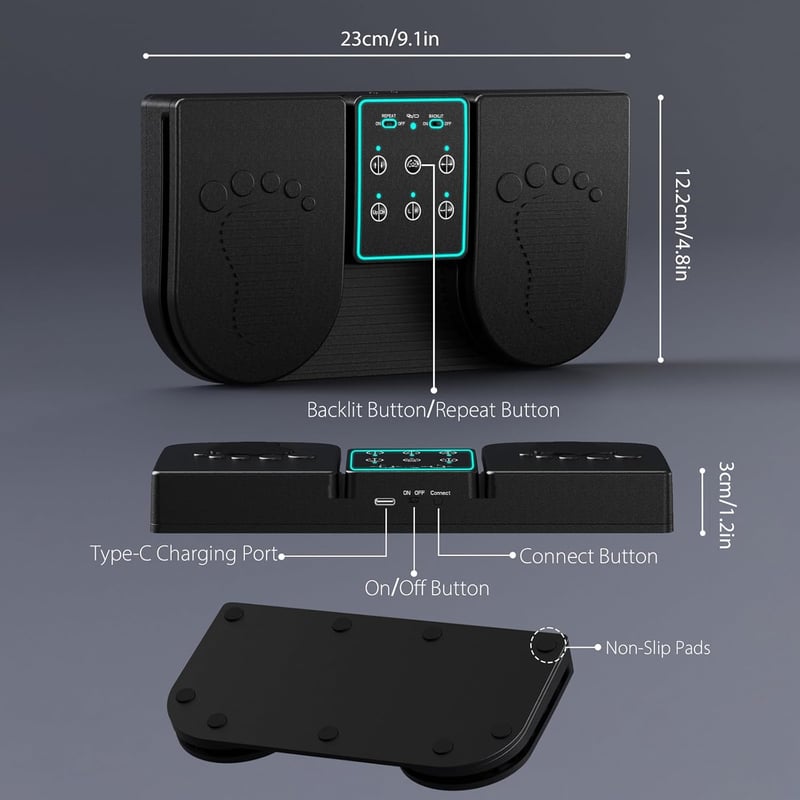 Doohoeek Bluetooth lapozópedál, vezeték nélküli lábpedál 7 színű háttérvilágítással