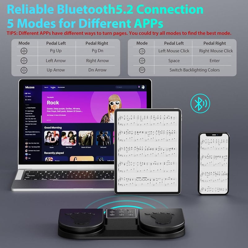 Doohoeek Bluetooth lapozópedál, vezeték nélküli lábpedál 7 színű háttérvilágítással