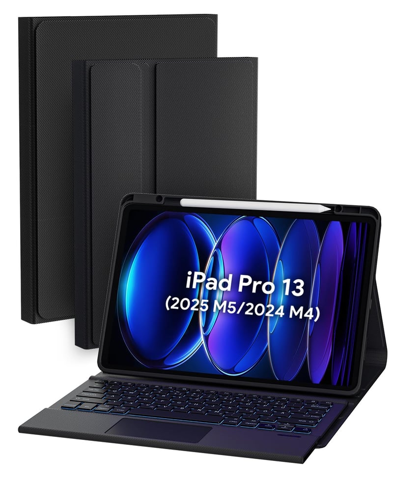 Puzdro s klávesnicou Doohoeek pre iPad Pro 13" M5/M4 (2025/2024), Bluetooth bezdrôtová odnímateľná klávesnica Folio s podsvietením a Multi-Touch trackpadom, QWERTZ, čierna