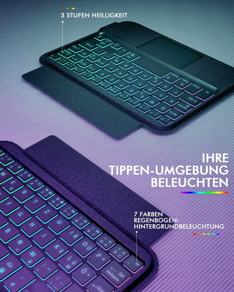 Doohoeek Leválasztható Billentyűzet Tok iPad Mini 7/6 - Bluetooth Vezetéknélküli QWERTZ Trackpad Világítás Fekete