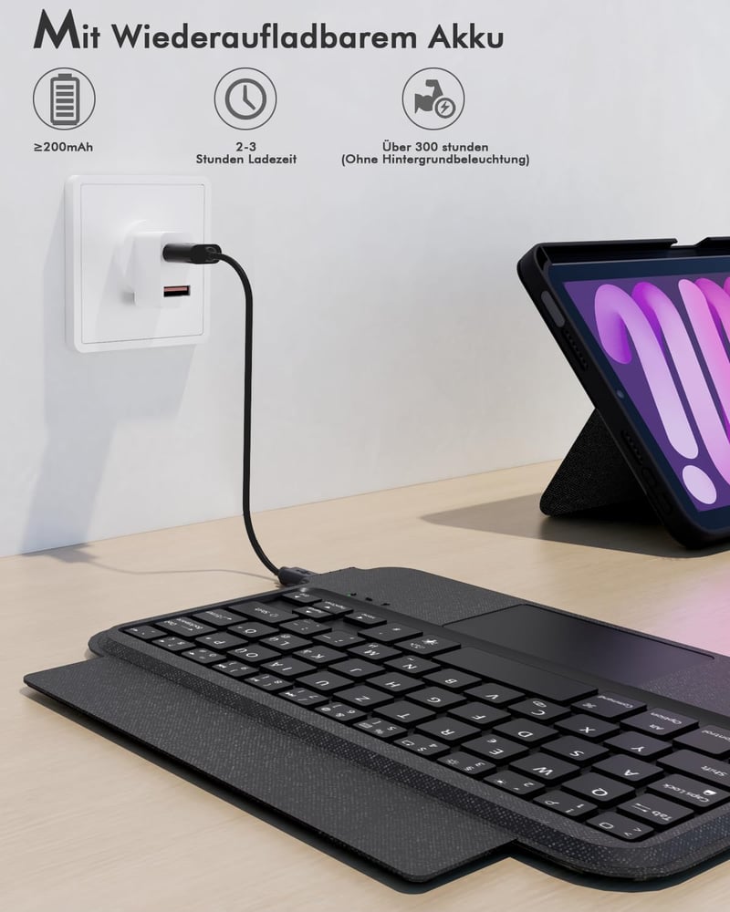 Doohoeek Leválasztható Billentyűzet Tok iPad Mini 7/6 - Bluetooth Vezetéknélküli QWERTZ Trackpad Világítás Fekete