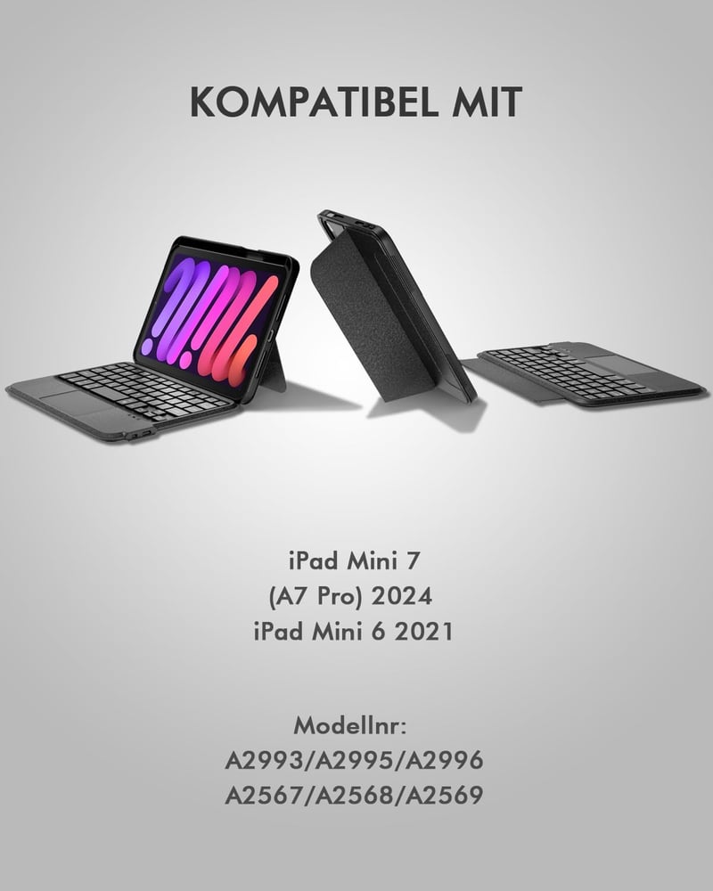 Doohoeek Leválasztható Billentyűzet Tok iPad Mini 7/6 - Bluetooth Vezetéknélküli QWERTZ Trackpad Világítás Fekete