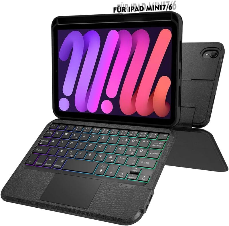 Doohoeek Leválasztható Billentyűzet Tok iPad Mini 7/6 - Bluetooth Vezetéknélküli QWERTZ Trackpad Világítás Fekete