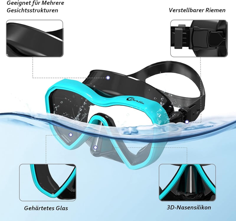 Dorlle Panoráma Snorkel Szett, Vízálló Búvármaszk, Páramentesítő Üveg, 3 Csatornás Légzőcső - Water Green