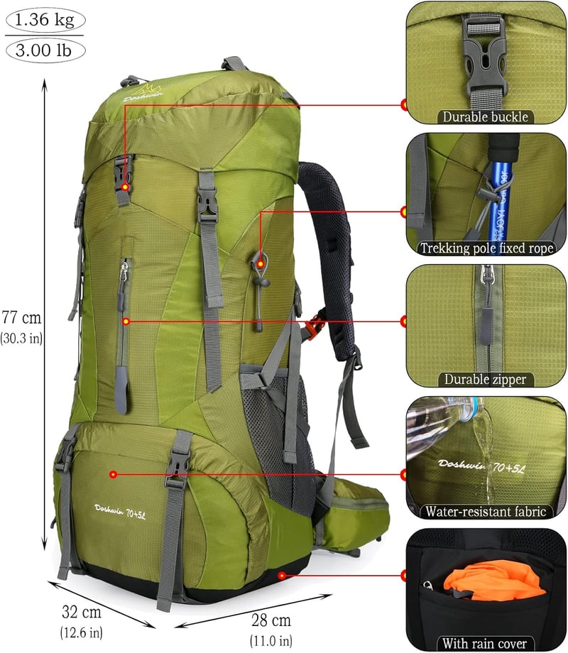 Doshwin 70L Trekking Hátizsák Esővédővel - Camping és Túrázáshoz