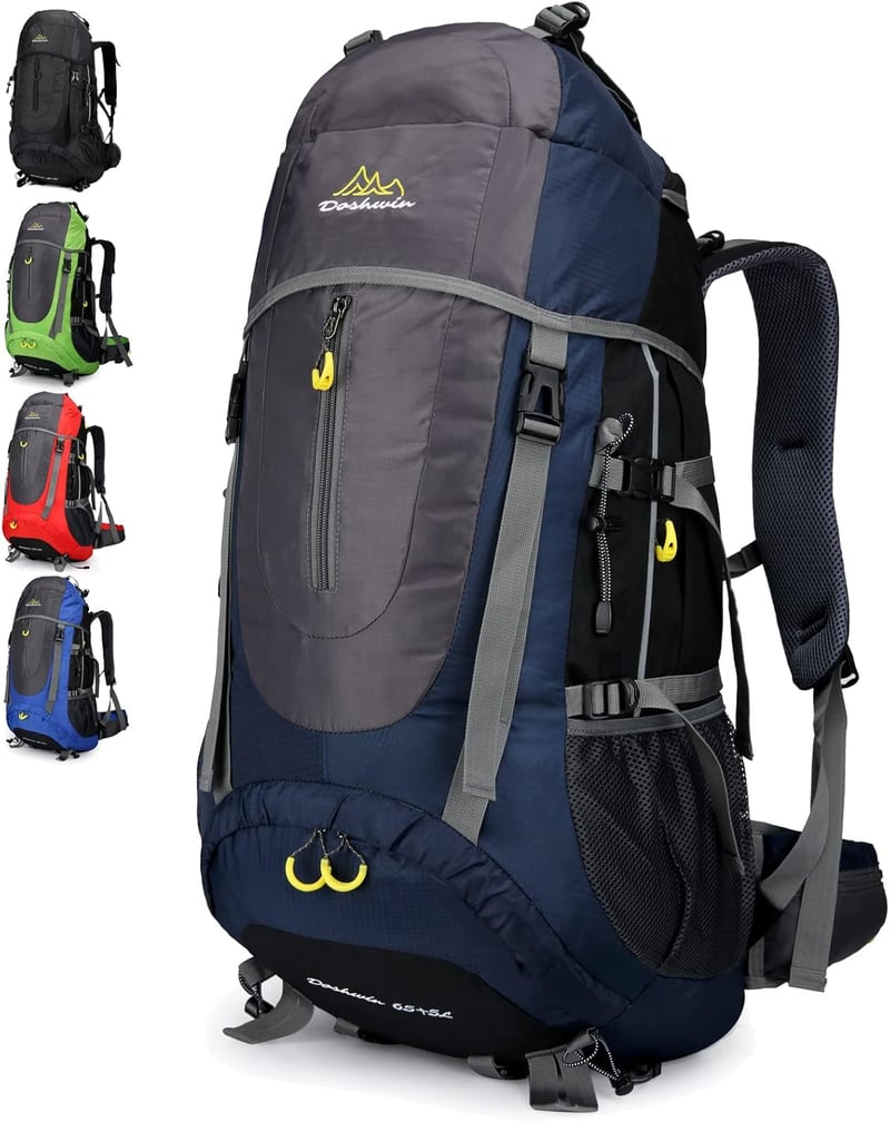 Doshwin 70L trekking hátizsák férfiaknak és nőknek, camping és utazás nagy űrtartalommal, sötétkék