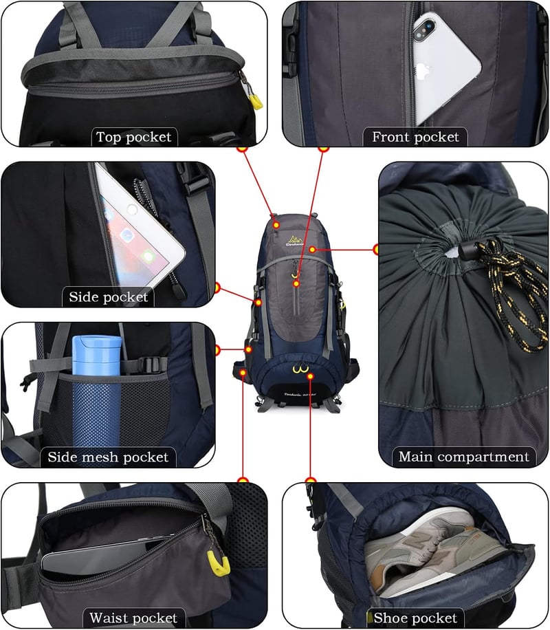 Doshwin 70L trekking hátizsák férfiaknak és nőknek, camping és utazás nagy űrtartalommal, sötétkék