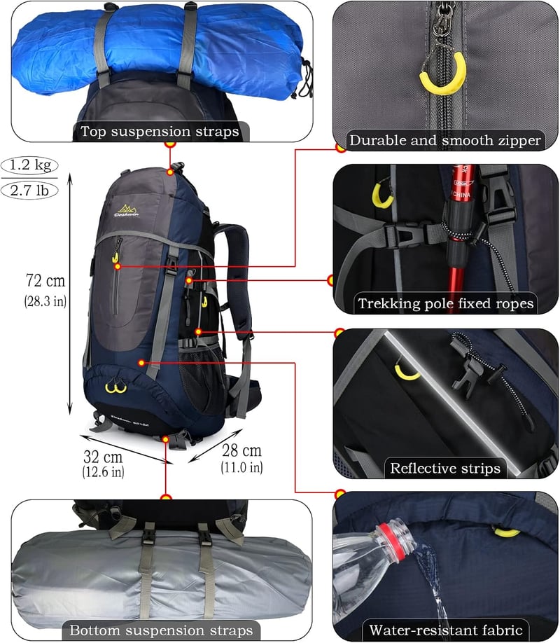 Doshwin 70L trekking hátizsák férfiaknak és nőknek, camping és utazás nagy űrtartalommal, sötétkék