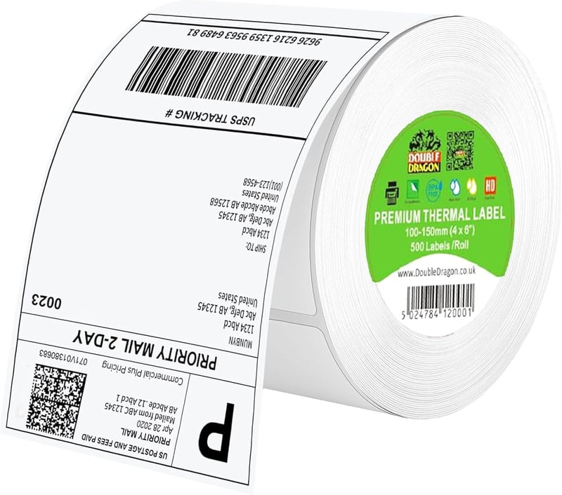 Double Dragon Direct Thermal szállítócímke tekercs, 100x150 mm, fehér öntapadós - 500 db