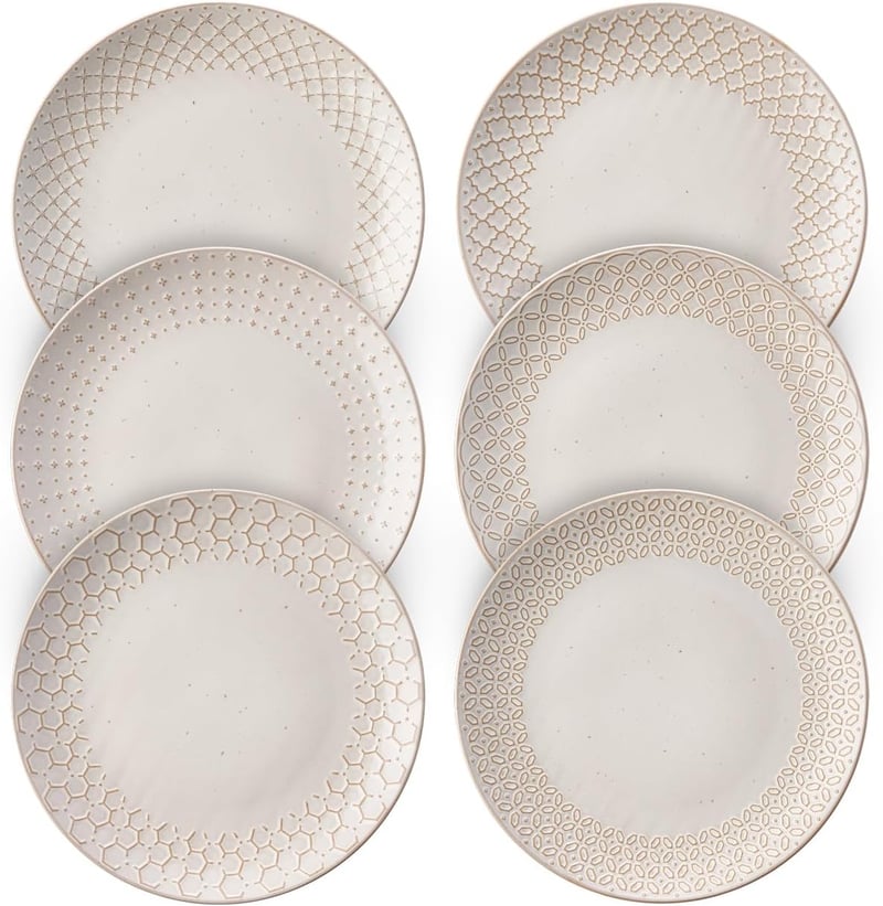DOWAN Kőedény Tányérkészlet 6 Személyre, 26,7 cm, Dombornyomásos Lapos Tányérok Tésztához, Salátához, Süteményhez, Mikrohullámú Sütőben Hasz