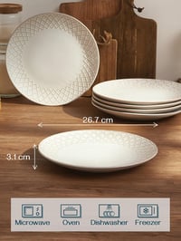 DOWAN Kőedény Tányérkészlet 6 Személyre, 26,7 cm, Dombornyomásos Lapos Tányérok Tésztához, Salátához, Süteményhez, Mikrohullámú Sütőben Hasz 2