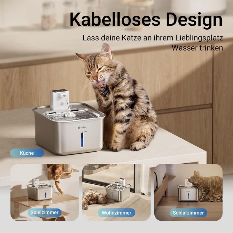 DownyPaws Macska Ivófontána Rozsdamentes Acél Mozgásérzékelős 3L Vezeték Nélküli