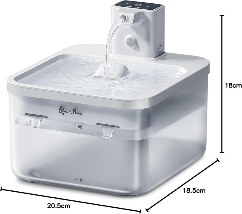 DownyPaws vezeték nélküli automata macska vízszökőkút mozgásérzékelővel 2,5 l, 4000 mAh elem, halk itatókút, fehér