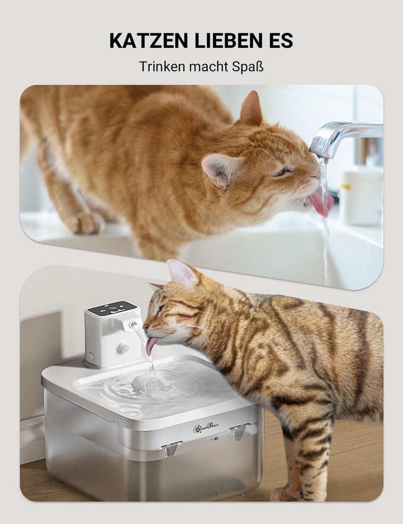 DownyPaws vezeték nélküli automata macska vízszökőkút mozgásérzékelővel 2,5 l, 4000 mAh elem, halk itatókút, fehér