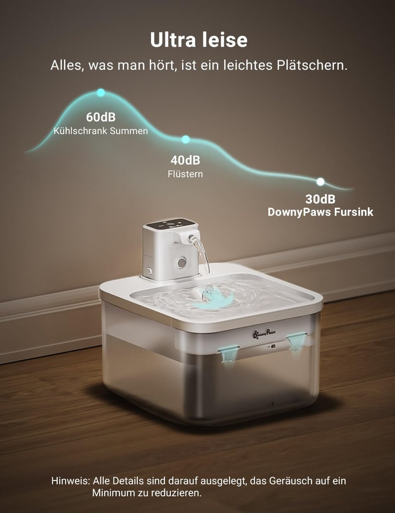 DownyPaws vezeték nélküli automata macska vízszökőkút mozgásérzékelővel 2,5 l, 4000 mAh elem, halk itatókút, fehér
