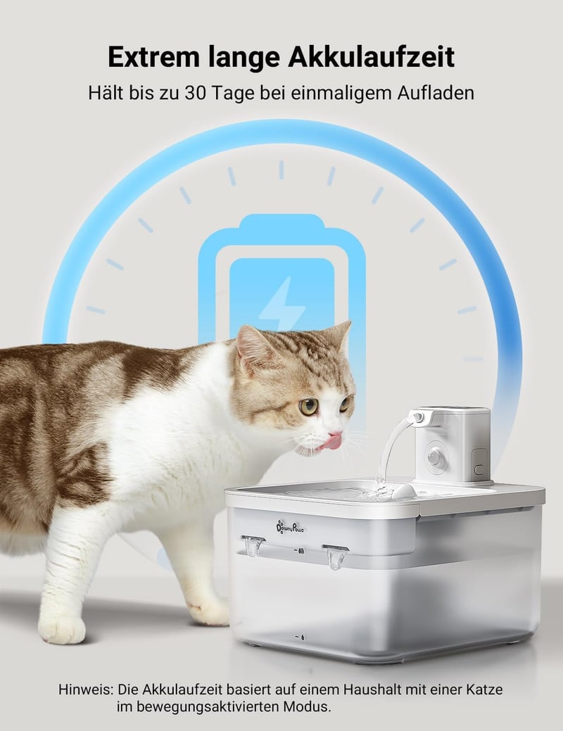 DownyPaws vezeték nélküli automata macska vízszökőkút mozgásérzékelővel 2,5 l, 4000 mAh elem, halk itatókút, fehér