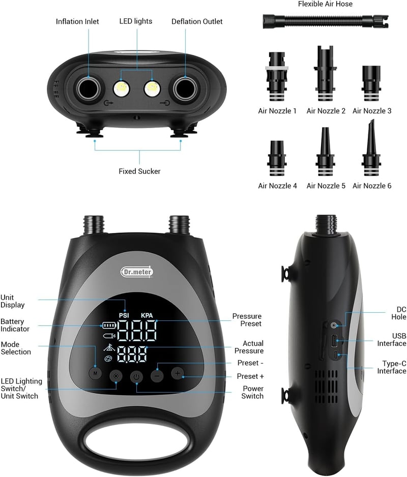 Dr.meter 10000 mAh Elektromos SUP Pumpa 20 PSI - Akkumulátoros Felfújó Készülék Paddleboardhoz, Kajakhoz, Csónakhoz, 12V-os Autós Csatlakozó