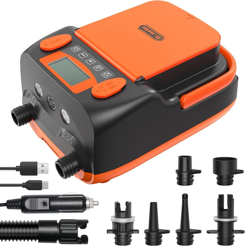Dr.meter 6000mAh Újratölthető Elektromos SUP Pumpa - Automata Kikapcsolás, 4 SUP Felfújása, 2 USB Port, 3 LED Lámpa, Kajak, Csónak, Sátor Ko