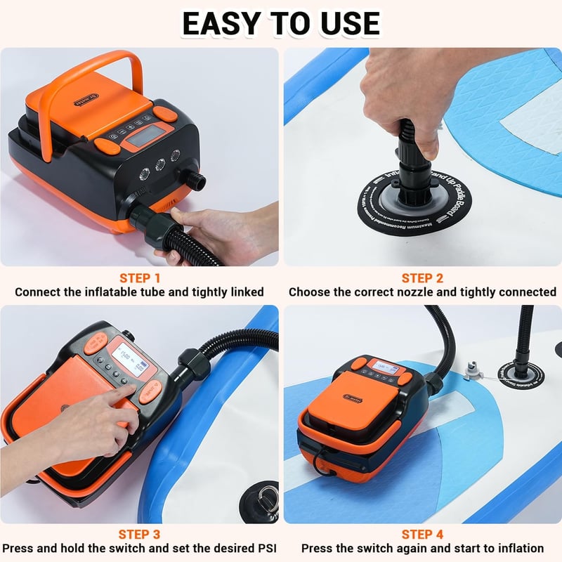 Dr.meter 6000mAh Újratölthető Elektromos SUP Pumpa - Automata Kikapcsolás, 4 SUP Felfújása, 2 USB Port, 3 LED Lámpa, Kajak, Csónak, Sátor Ko