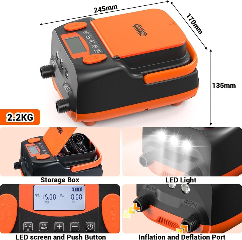 Dr.meter 6000mAh Újratölthető Elektromos SUP Pumpa - Automata Kikapcsolás, 4 SUP Felfújása, 2 USB Port, 3 LED Lámpa, Kajak, Csónak, Sátor Ko