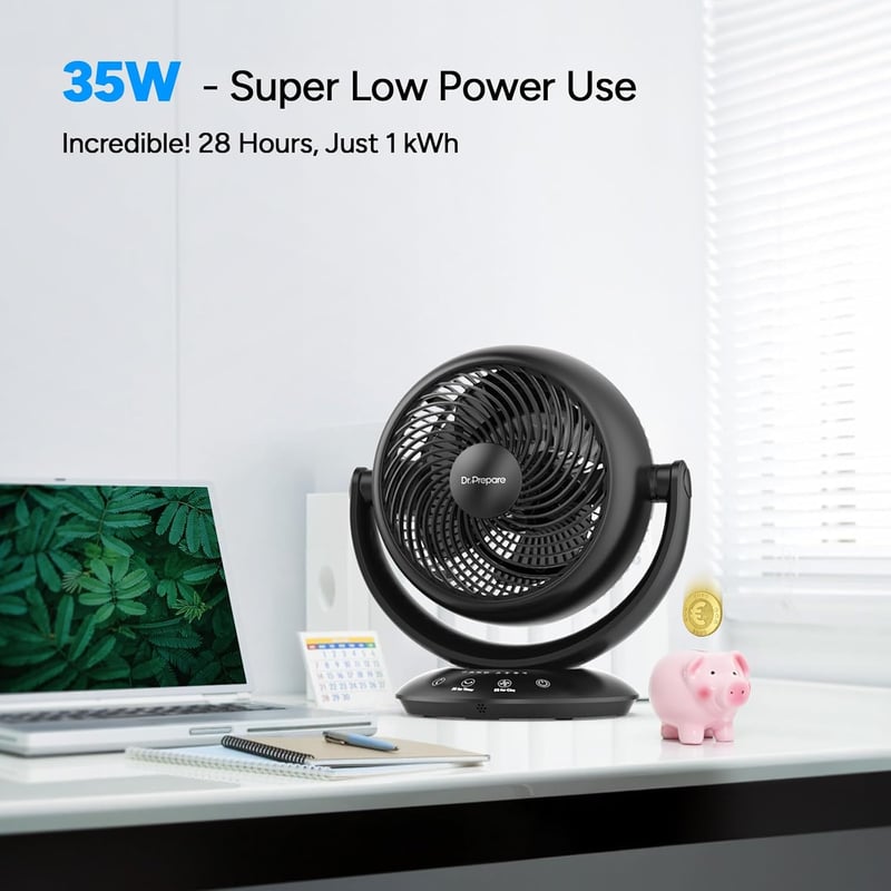 DR.PREPARE Fekete asztali ventilátor 25 dB halk működés 3 sebesség 2-12 óra időzítő 90 fokos automata oszcilláció hálószoba iroda otthon