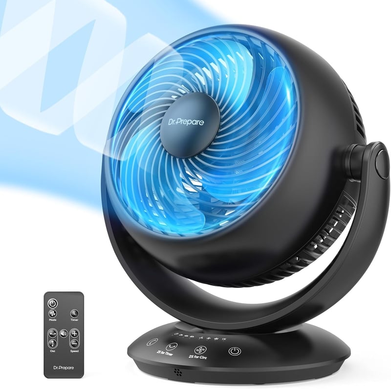 DR.PREPARE Fekete asztali ventilátor 25 dB halk működés 3 sebesség 2-12 óra időzítő 90 fokos automata oszcilláció hálószoba iroda otthon