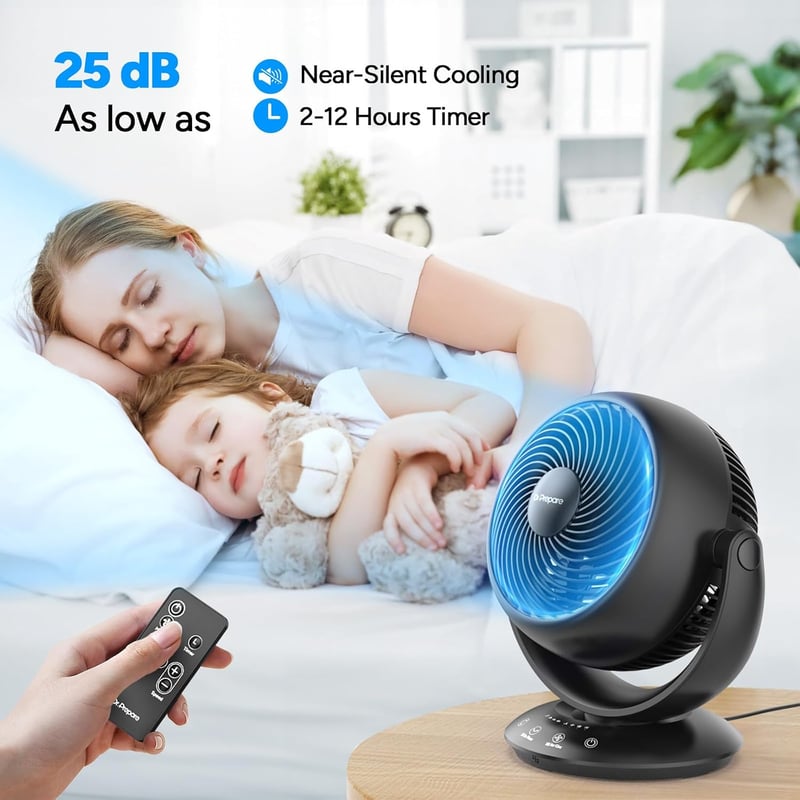 DR.PREPARE Fekete asztali ventilátor 25 dB halk működés 3 sebesség 2-12 óra időzítő 90 fokos automata oszcilláció hálószoba iroda otthon