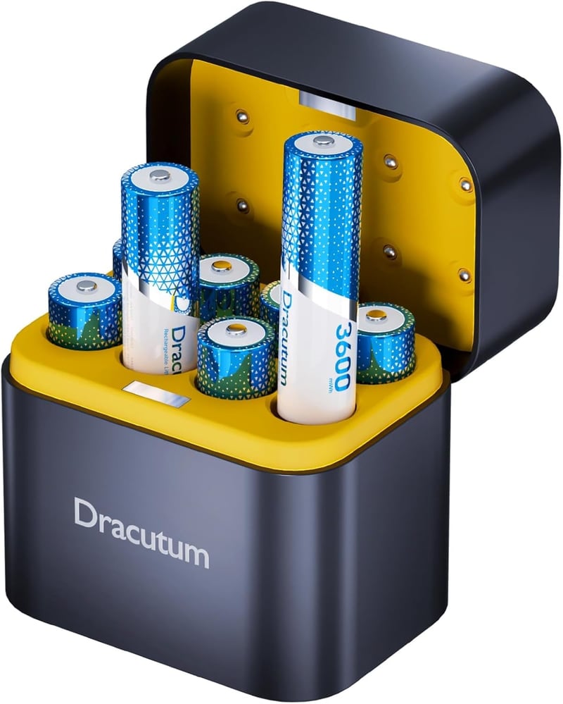 Acumulatori Li-ion reîncărcabili AA Dracutum, set de 8 bucăți cu încărcător, 1.5 V, 3600 mWh, capacitate mare, 2000 cicluri, pentru telecomenzi și lanterne