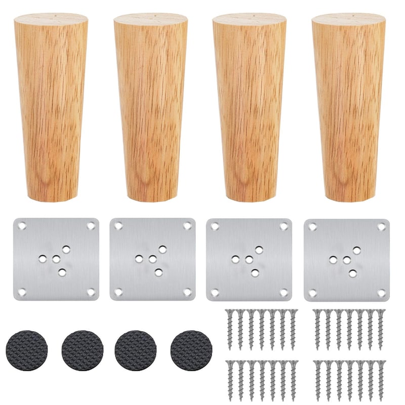 Set 4 Picioare de Mobilier din Lemn de Stejar Drasohuija, 12 cm, Picioare Conice din Lemn Masiv pentru Canapea, cu Placă de Montare și Șuruburi Interschimbabile, pentru Scaun, Canapea, Pat, Dulap