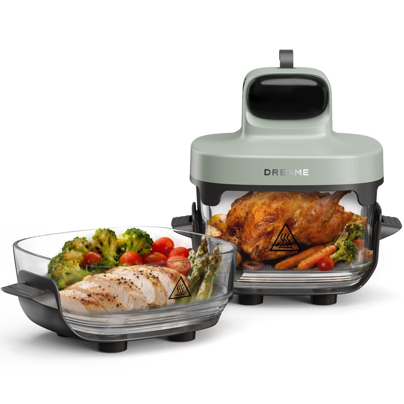 Dreame Tasti 5 v 1 Prenosná sklenená teplovzdušná fritéza, 2 nádoby (2,5 l + 4,5 l), 6 mm borosilikátové sklo, 3D cirkulácia vzduchu, vhodná do umývačky riadu