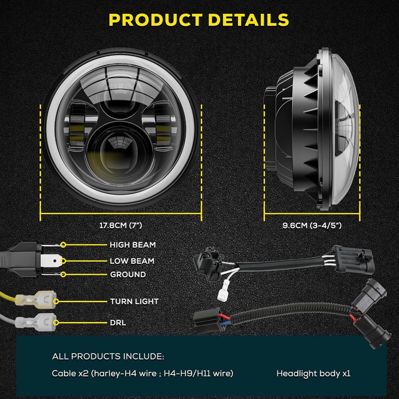 DREAMIZER 7 Hüvelykes Motorkerékpár Fényszóró Fehér DRL Angel Eye Sárga Irányjelzővel