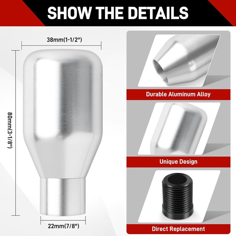 DREAMIZER Sebességváltó Gomb 5 Fokozatú Univerzális Alumínium Váltókar Gomb 3 Adapterrel 8mm 10mm 12mm Ezüst