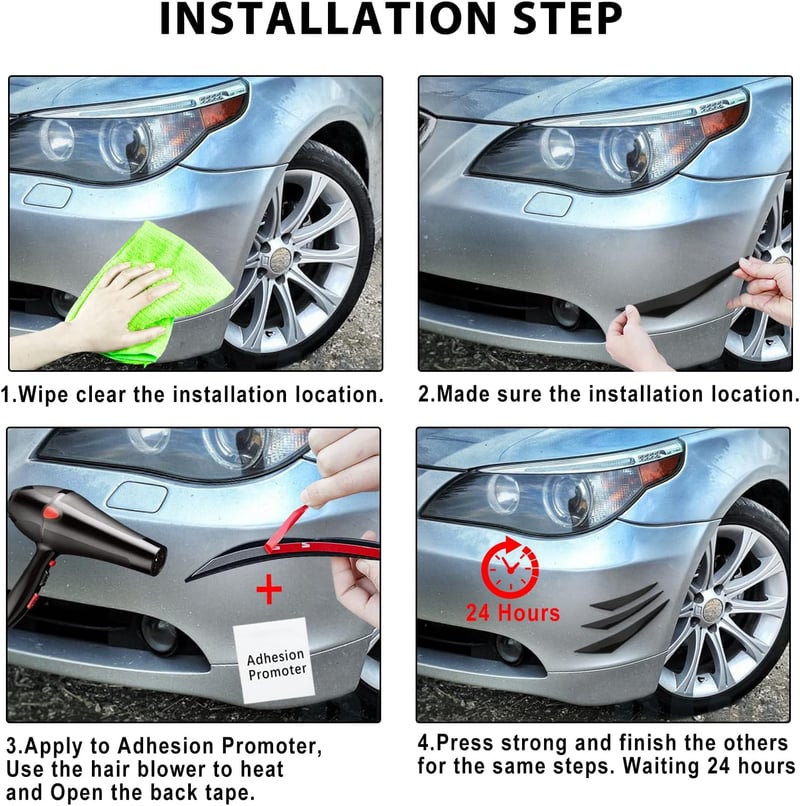 DREAMIZER Univerzális Fekete Első Lökhárító Spoiler Szett - 6 db Öntapadós Gumi Légterelő, Splitter Fin Autó Tuning Kiegészítő