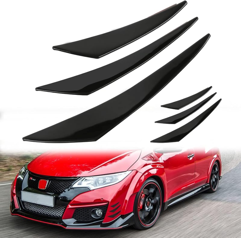 DREAMIZER Univerzális Fekete Első Lökhárító Spoiler Szett - 6 db Öntapadós Gumi Légterelő, Splitter Fin Autó Tuning Kiegészítő