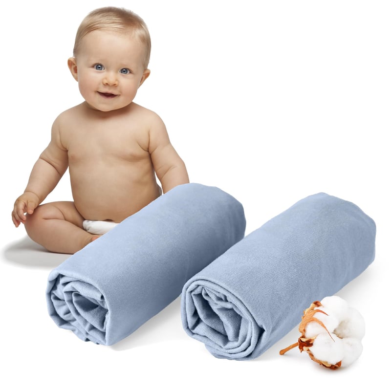 Dreamzie Súprava 2 napínacích džersejových plachiet 60x120 – 70x140 cm, 100 % bavlna, Oeko-Tex, 150 g/m², priedušná detská plachta, svetlomodrá