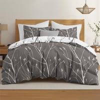 Set lenjerie de pat Dreamzie 200x200 cm cu 2 fețe de pernă 65x65 cm, model cu ramuri gri, microfibră, OEKO-TEX 1