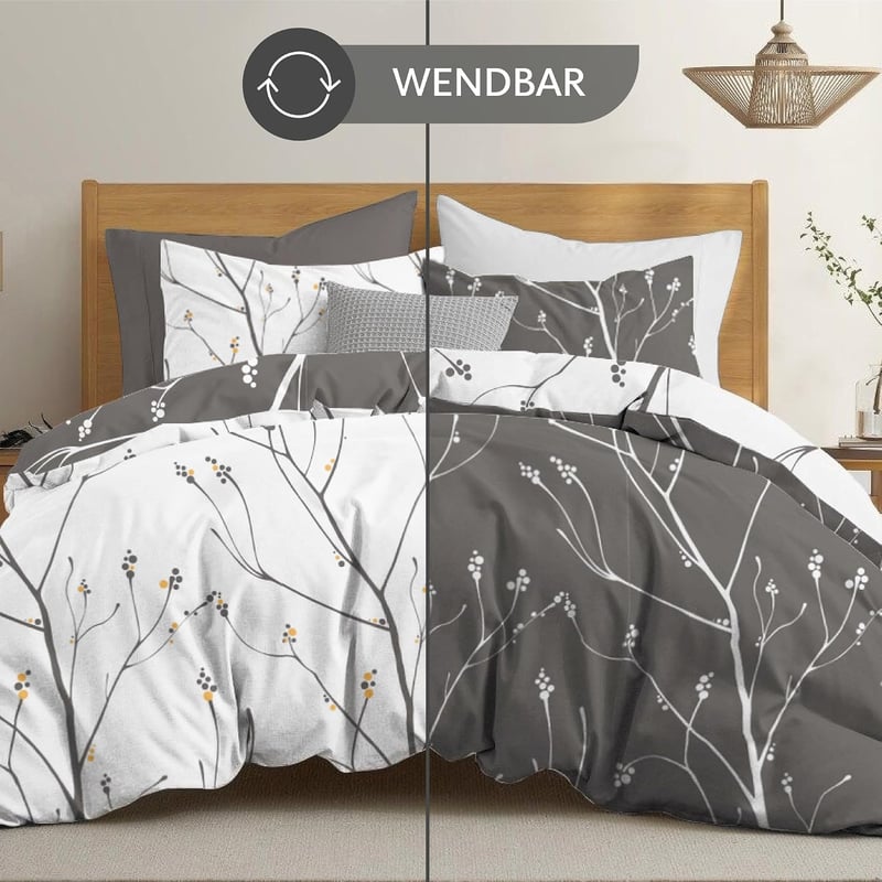 Set lenjerie de pat Dreamzie 200x200 cm cu 2 fețe de pernă 65x65 cm, model cu ramuri gri, microfibră, OEKO-TEX