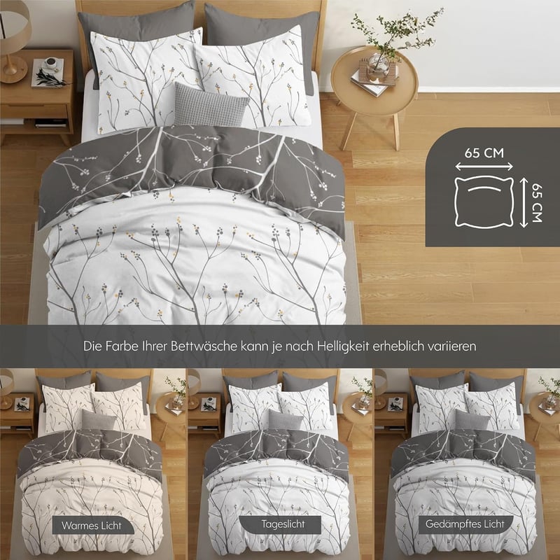 Set lenjerie de pat Dreamzie 200x200 cm cu 2 fețe de pernă 65x65 cm, model cu ramuri gri, microfibră, OEKO-TEX