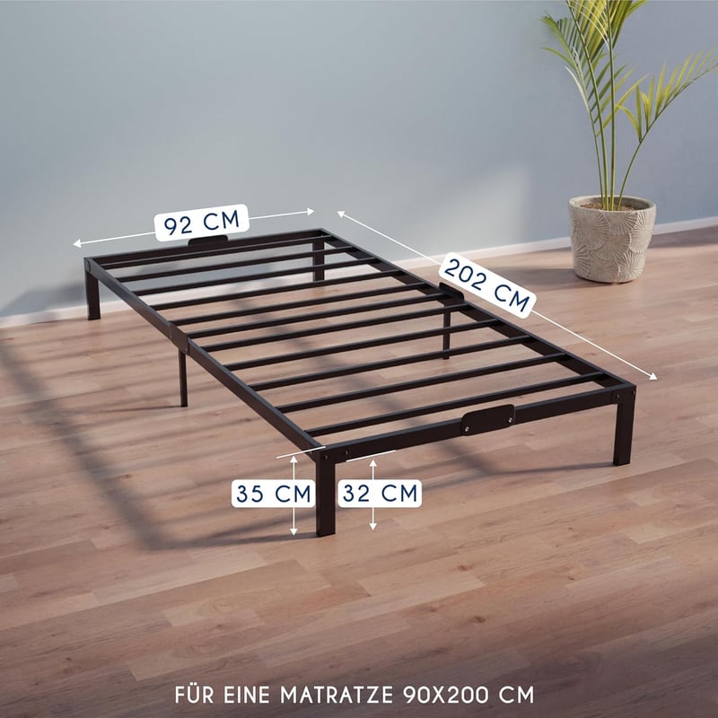 Dreamzie Fém Ágykeret 90x200 cm Egyszemélyes Matrachoz, Fekete Színű Rácsozatos Ágyváz Nagy Tárolóhellyel